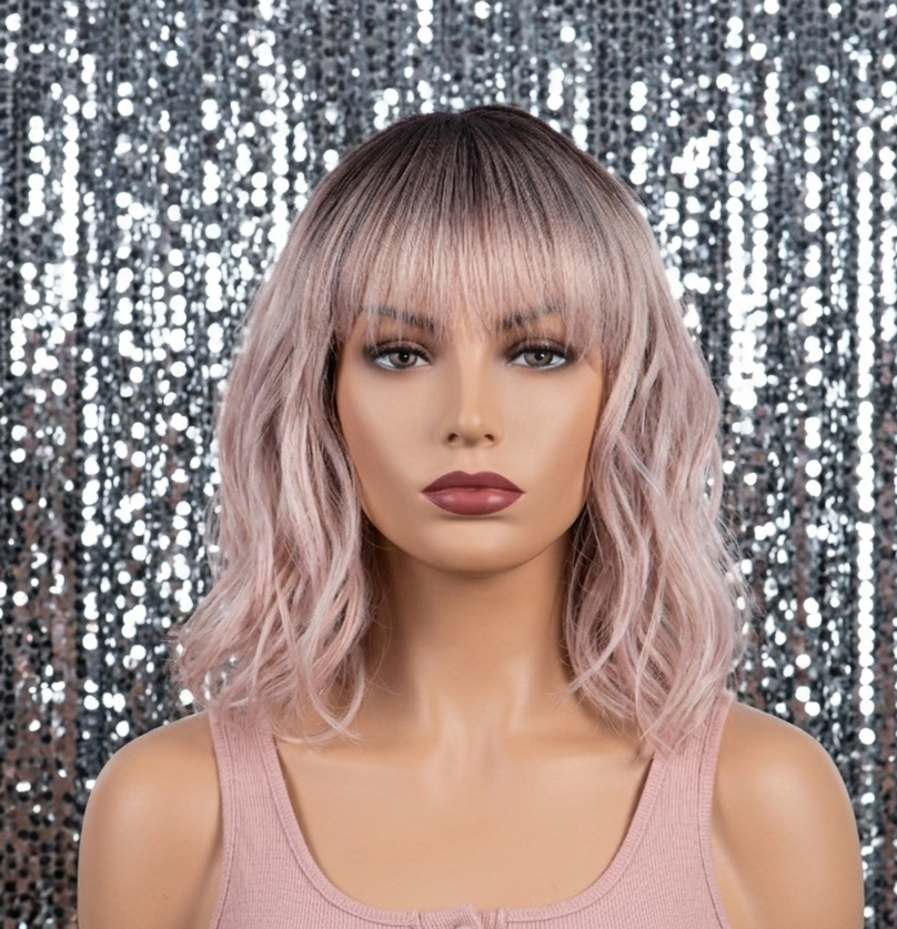 Callie in Strawberry Cream | 12" Wavy Pink Wig with Bangs