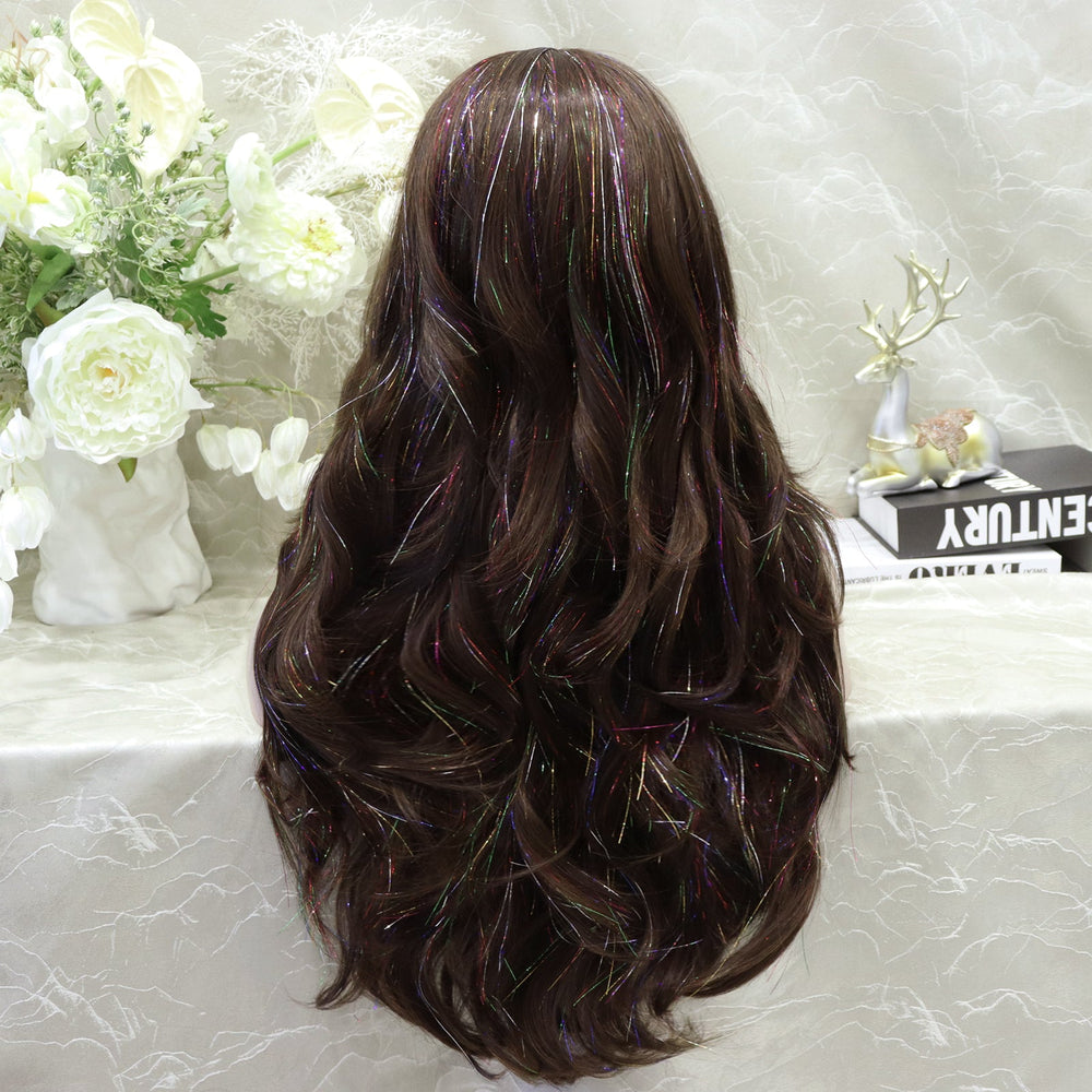 Carmella in Cosmic Mocha | 24" Deep Brown Wavy Wig with Tinsel