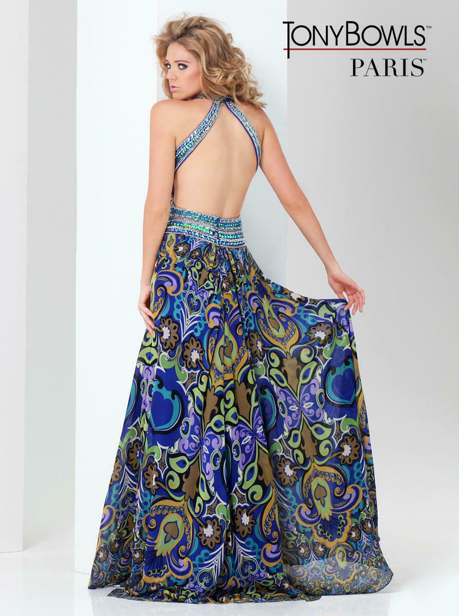 Tony Bowls Paris Print Chiffon Prom Dress 115750 Royal/Multi