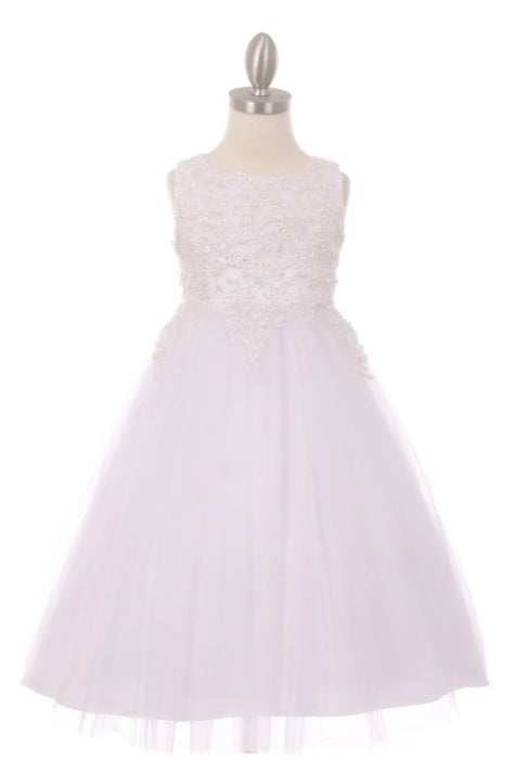 Tulle Flowergirl Pearl & Lace Bodice - White