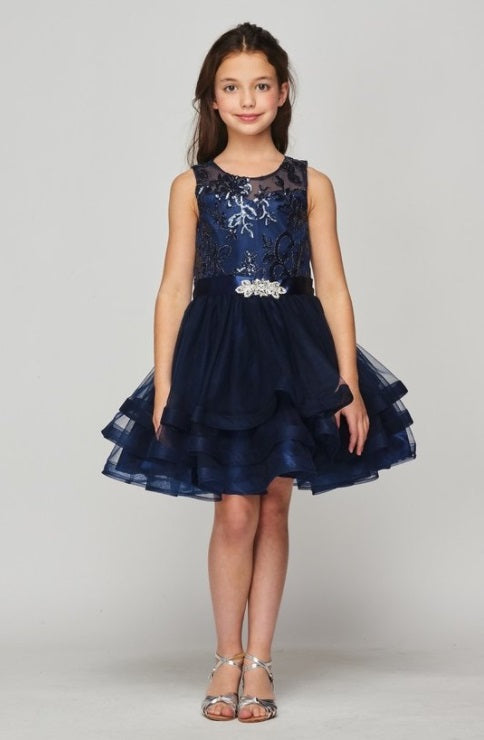 Sequin Top w/ Ruffle Skirt Girl's Dress - Navy