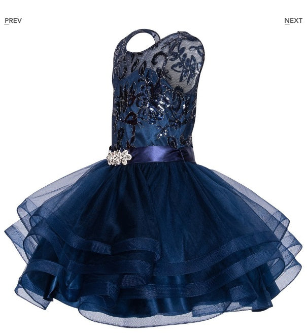 Sequin Top w/ Ruffle Skirt Girl's Dress - Navy