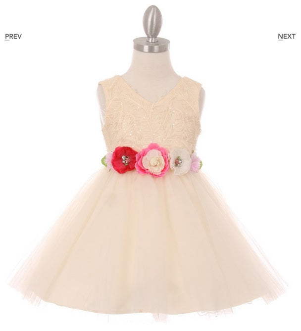 Tulle Flowergirl Dress with Floral Belt - White