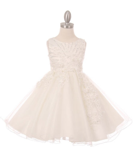 Tulle Flowergirl Lace with Floral Bodice - White