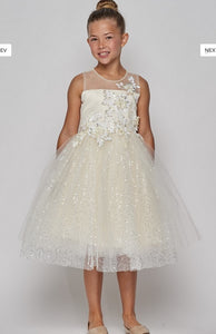 Sequin Tulle & Floral Flowergirl Dress - Ivory