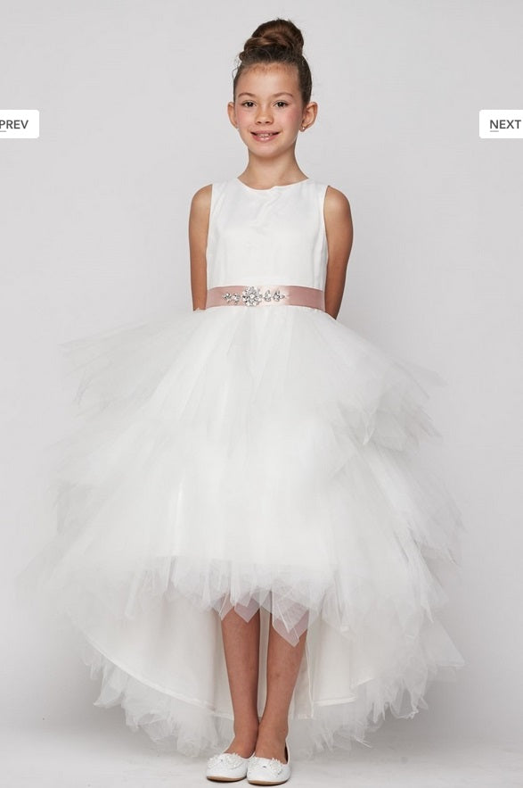High Low Ruffle Flowergirl Dress - Ivory/Ivory