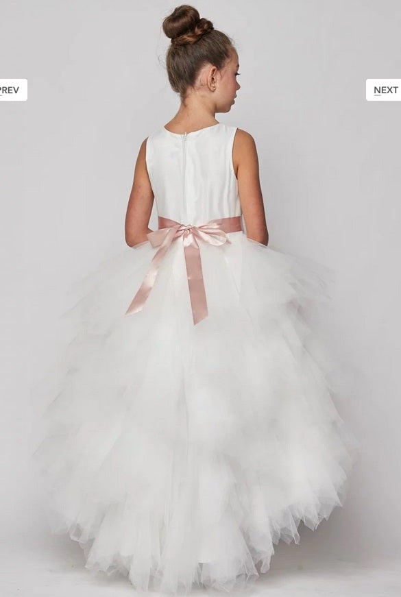 High Low Ruffle Flowergirl Dress - Ivory/Ivory