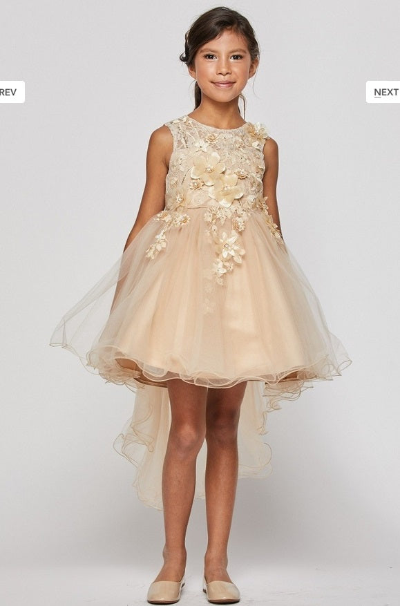Tulle High Low Flowergirl Dress with Flowers - Taupe