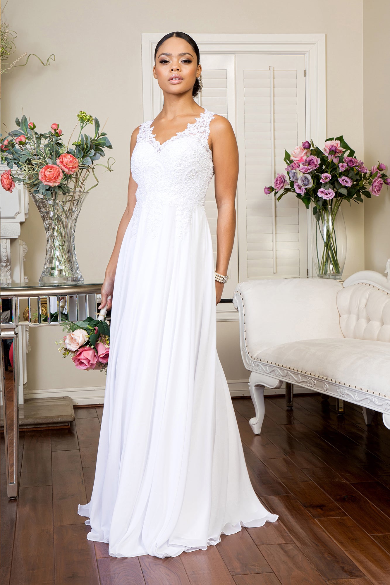 chiffon wedding dress canada Ladivine 7258W Lace & Chiffon Floral Wedding Dress