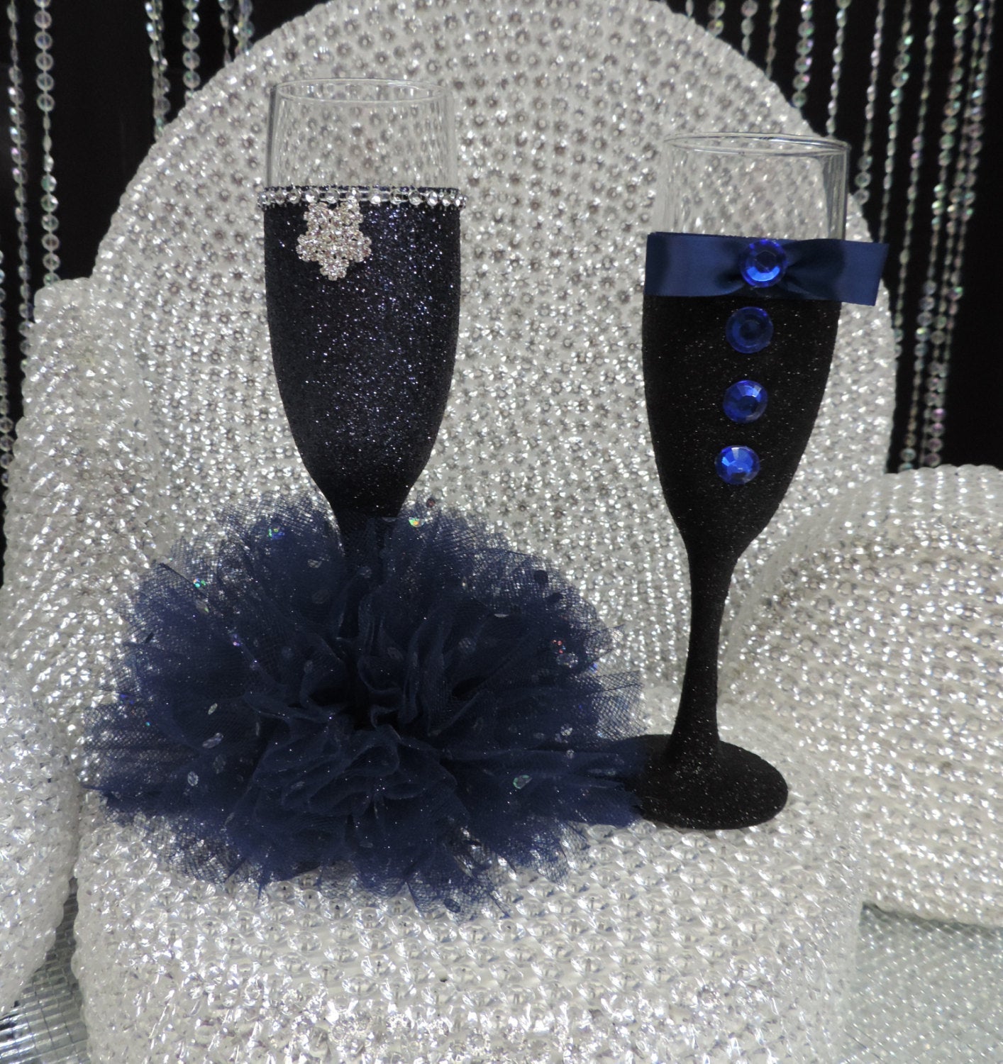 Navy Blue Glitter Wine Flute with Tulle Skirt