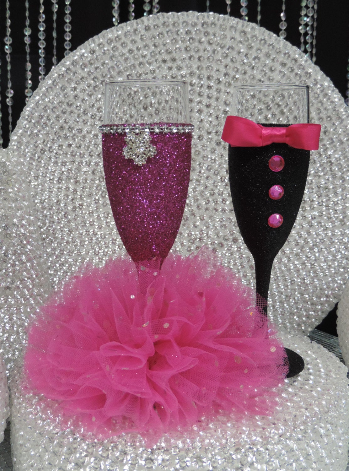 Black Glitter Tuxedo Wine Glass with Fuchsia Bow Tie