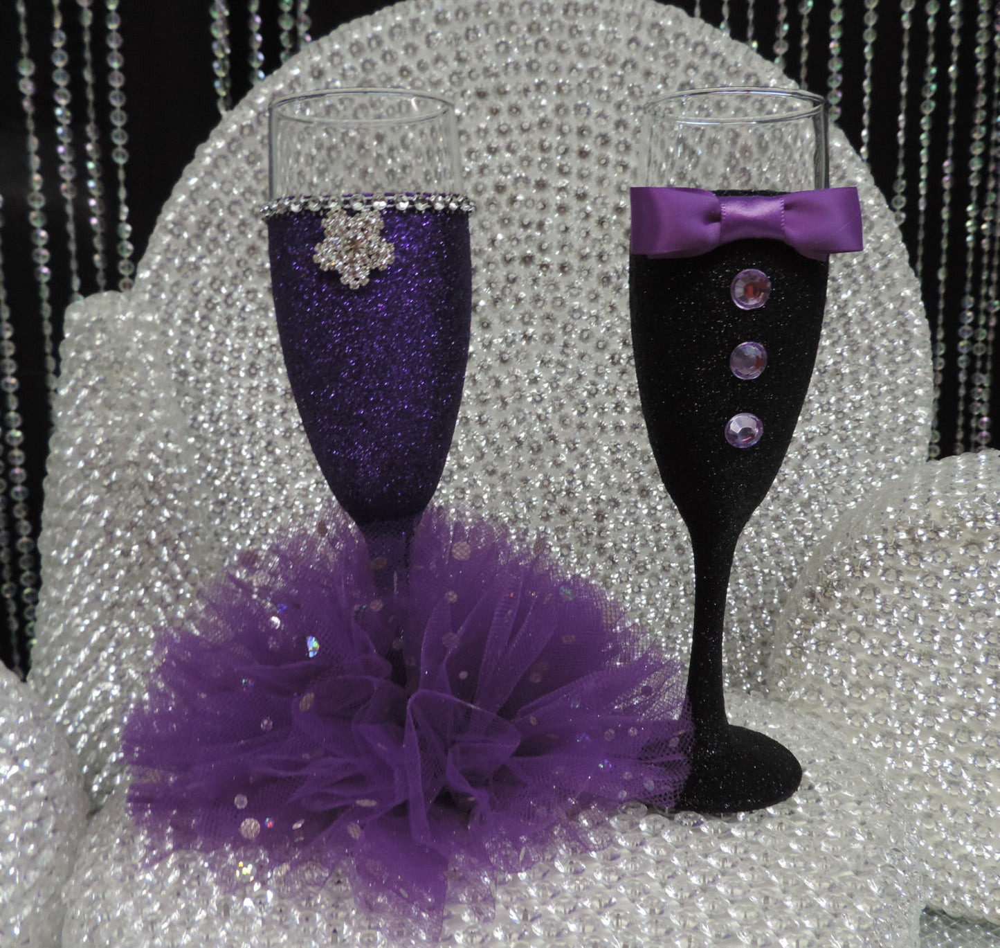 Black Glitter Tuxedo Wine Glass with Purple Bow Tie
