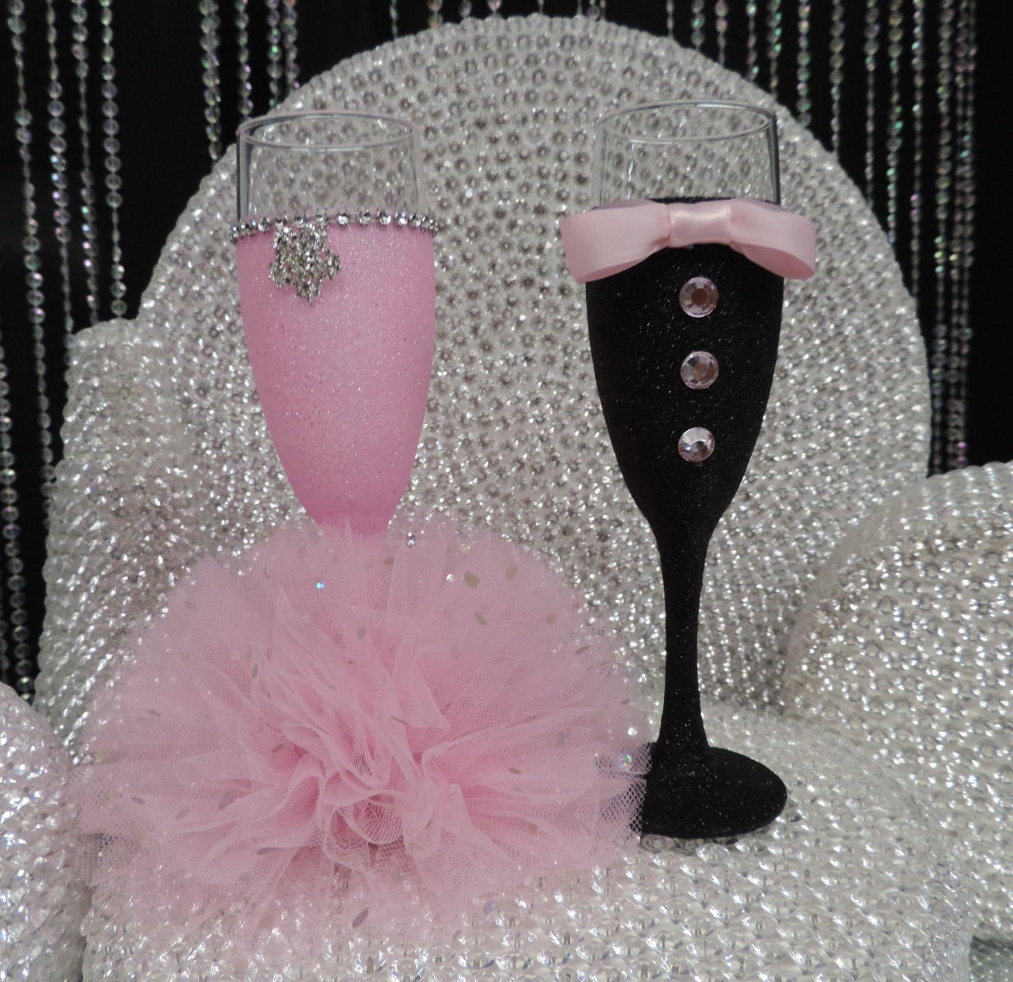 Black Glitter Tuxedo Wine Glass with Light Pink Bow Tie