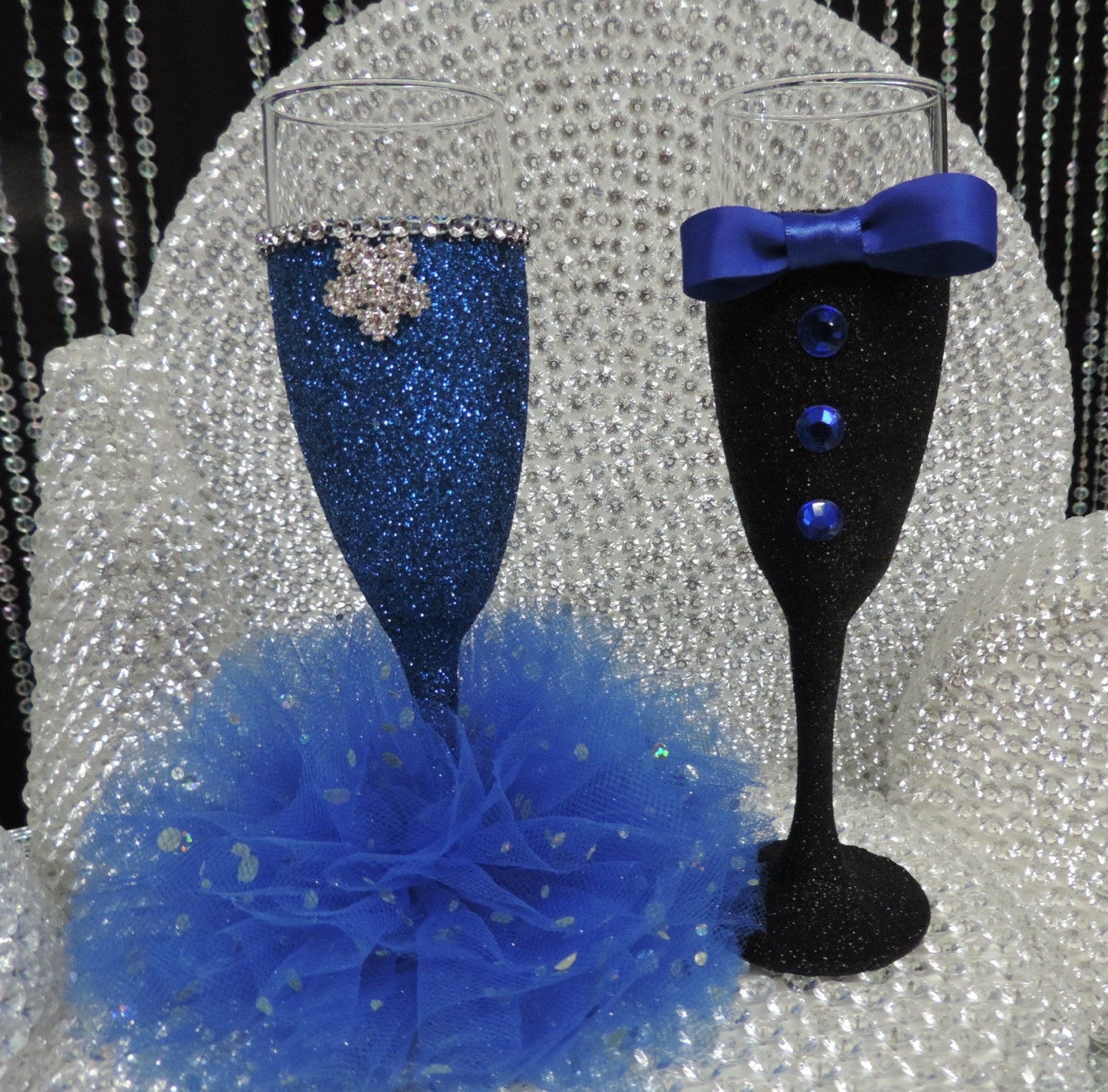 Black Glitter Tuxedo Wine Glass with Royal Blue Bow Tie