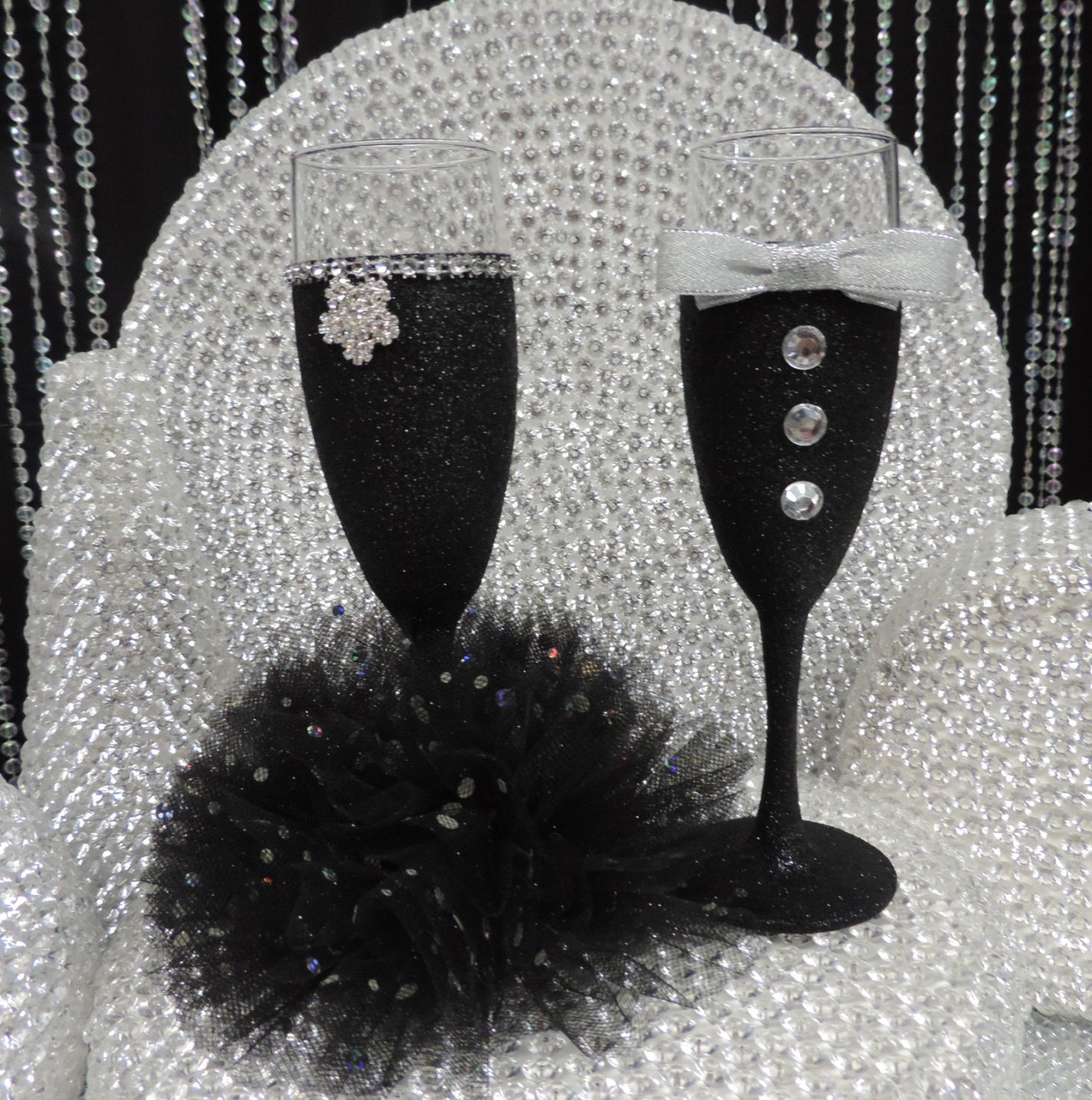 Black Glitter Tuxedo Wine Glass with Silver Bow Tie