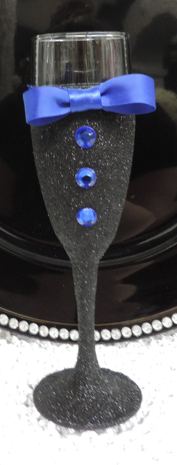 Black Glitter Tuxedo Wine Glass with Royal Blue Bow Tie