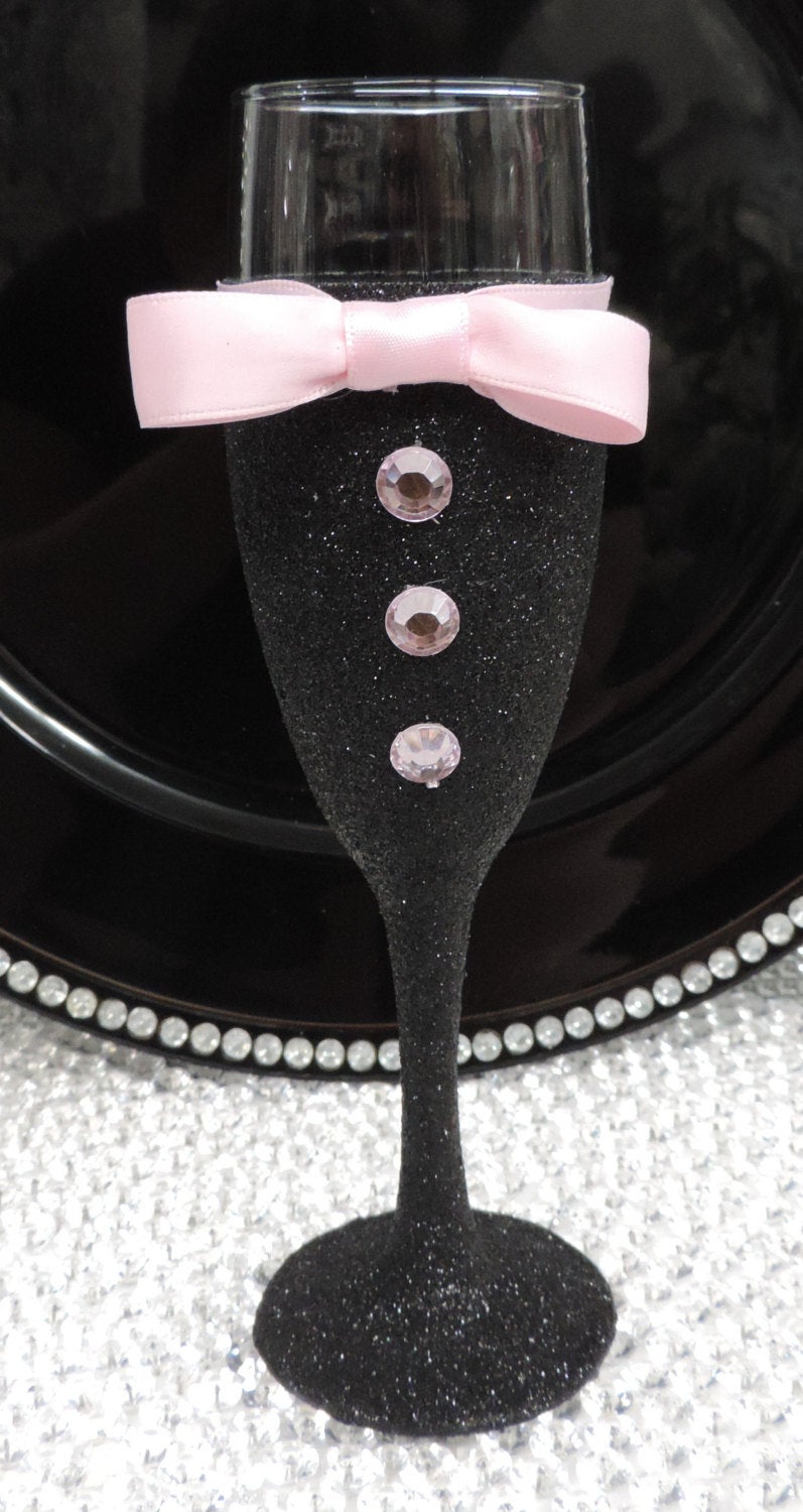 Black Glitter Tuxedo Wine Glass with Light Pink Bow Tie
