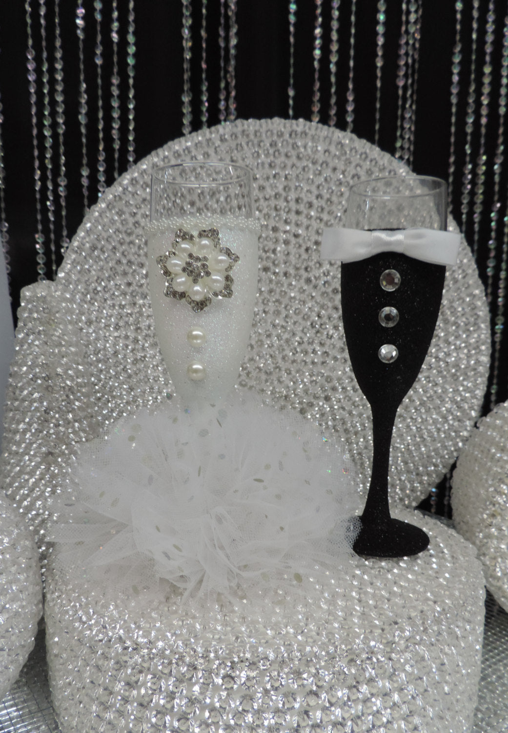 Iridescent Glitter Bridal Dress Wine Flute with Tulle Skirt