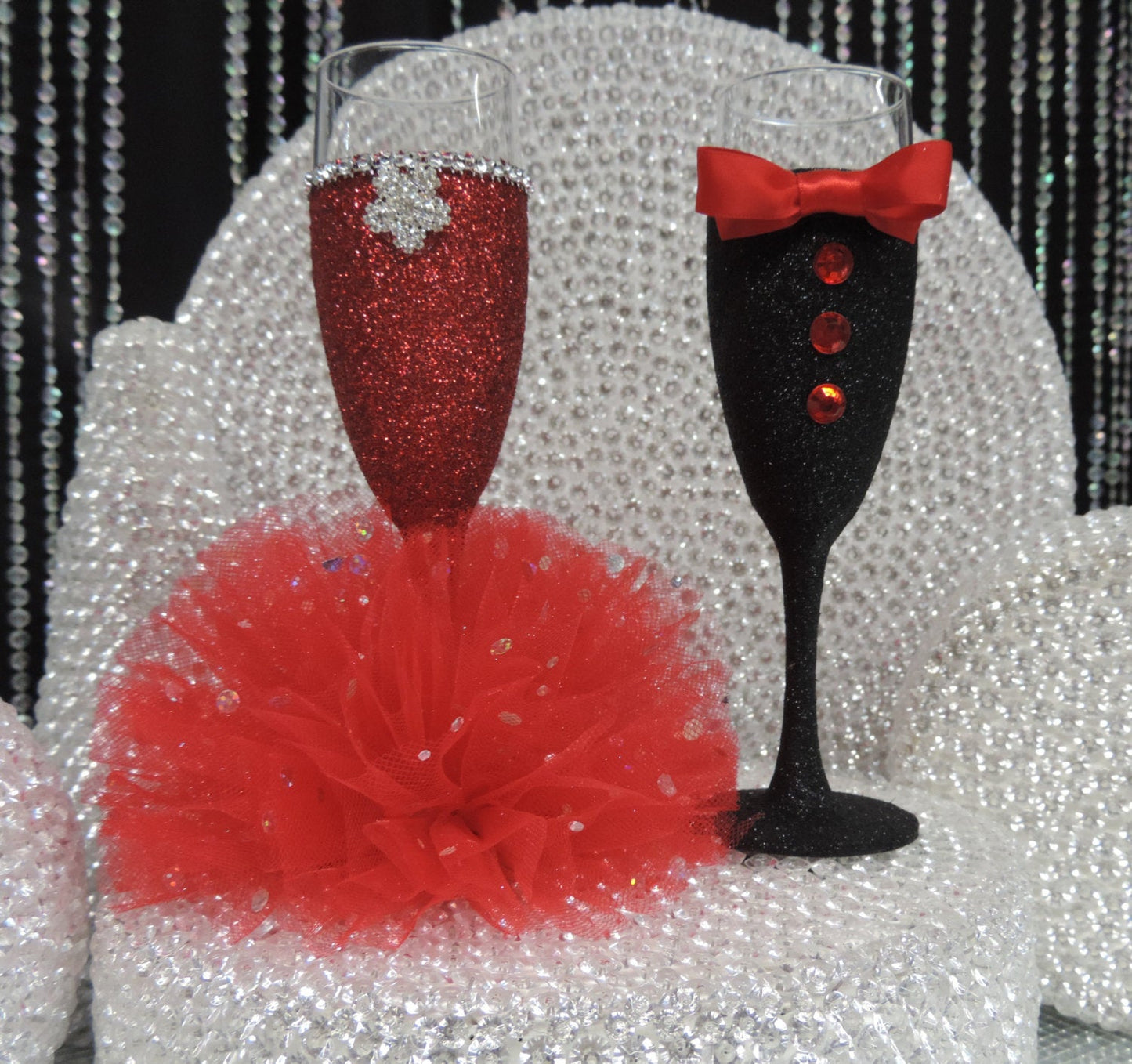 Black Glitter Tuxedo Wine/Champagne Flute Glass with Red Bow Tie