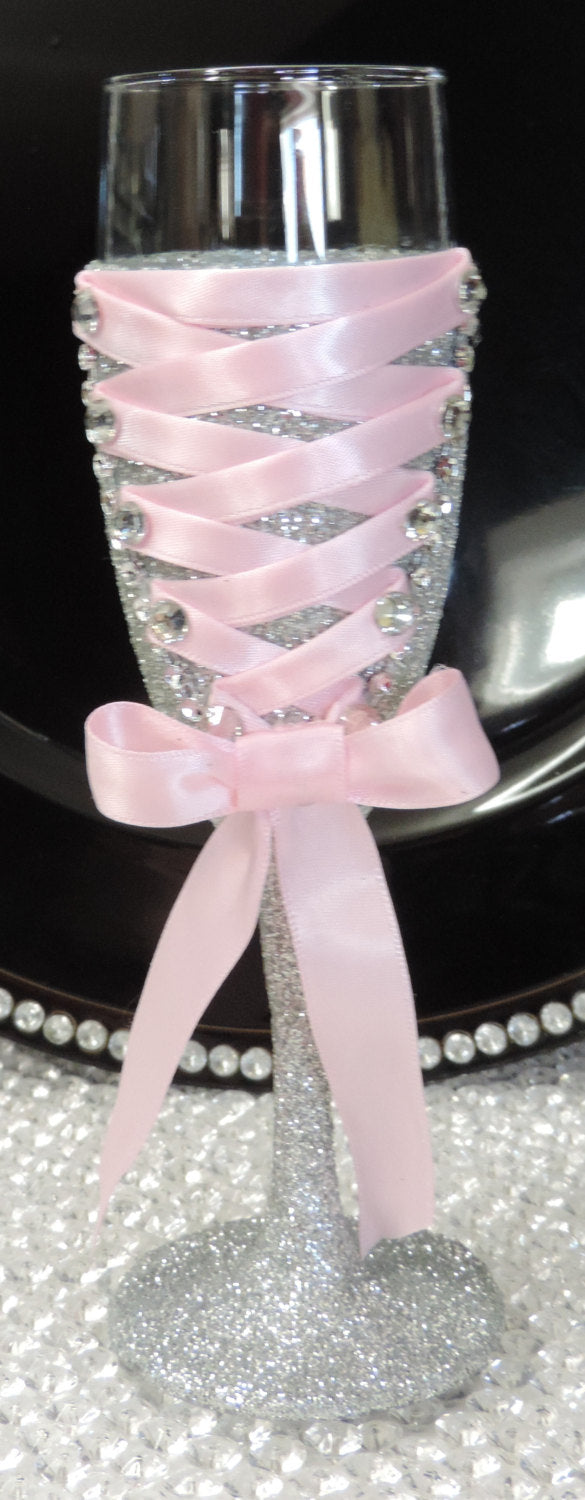 Corset Wine Glass - Silver Glitter with Pink Lace Up