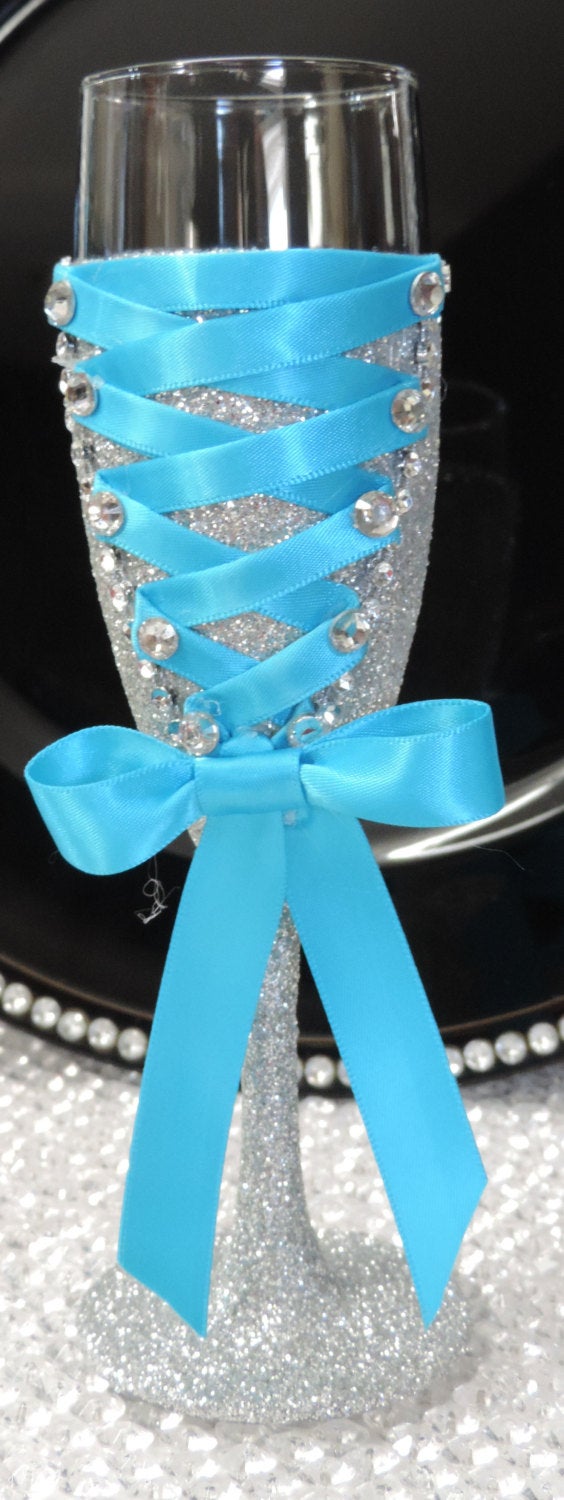 Corset Wine Glass - Silver Glitter with Turquoise Lace Up