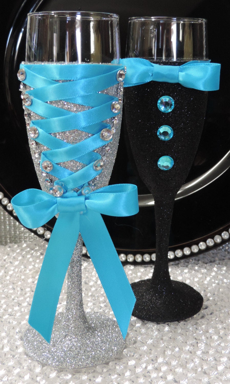 Corset Wine Glass - Silver Glitter with Turquoise Lace Up