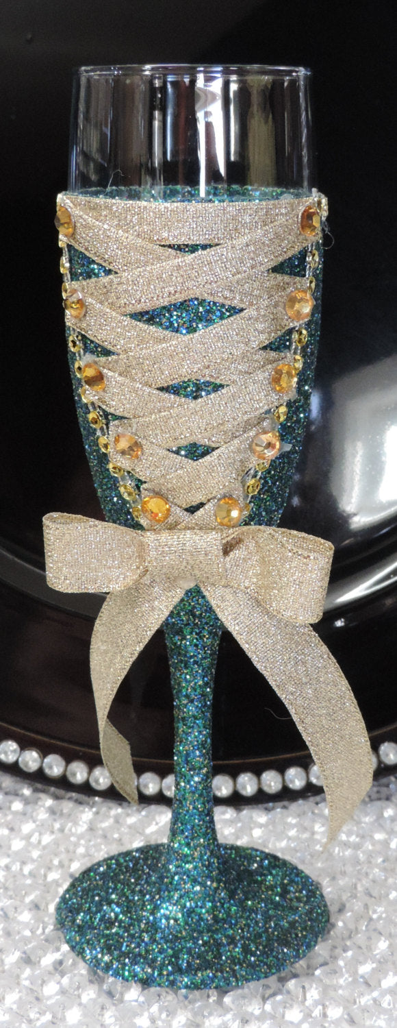 Corset Wine Flute Glass - Teal Glitter with Gold Lace Up