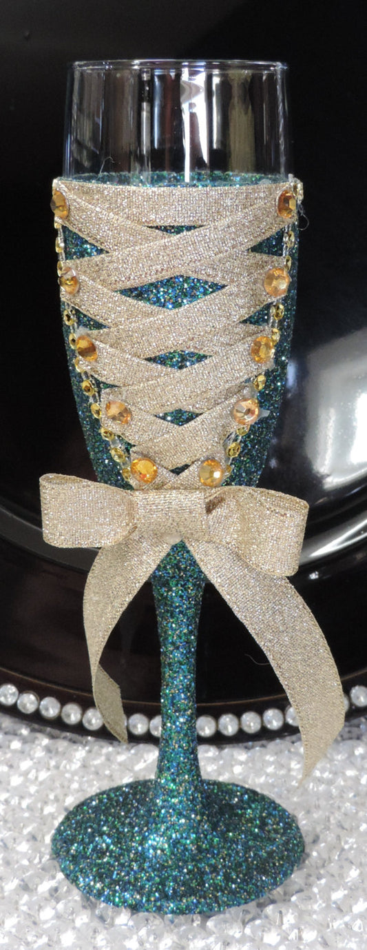 Corset Wine Flute Glass - Teal Glitter with Gold Lace Up