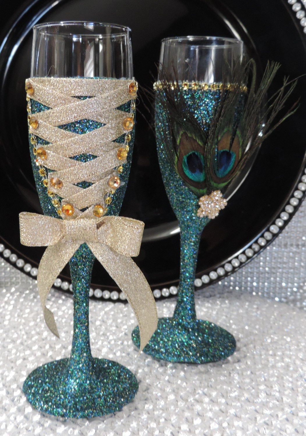 Corset Wine Flute Glass - Teal Glitter with Gold Lace Up
