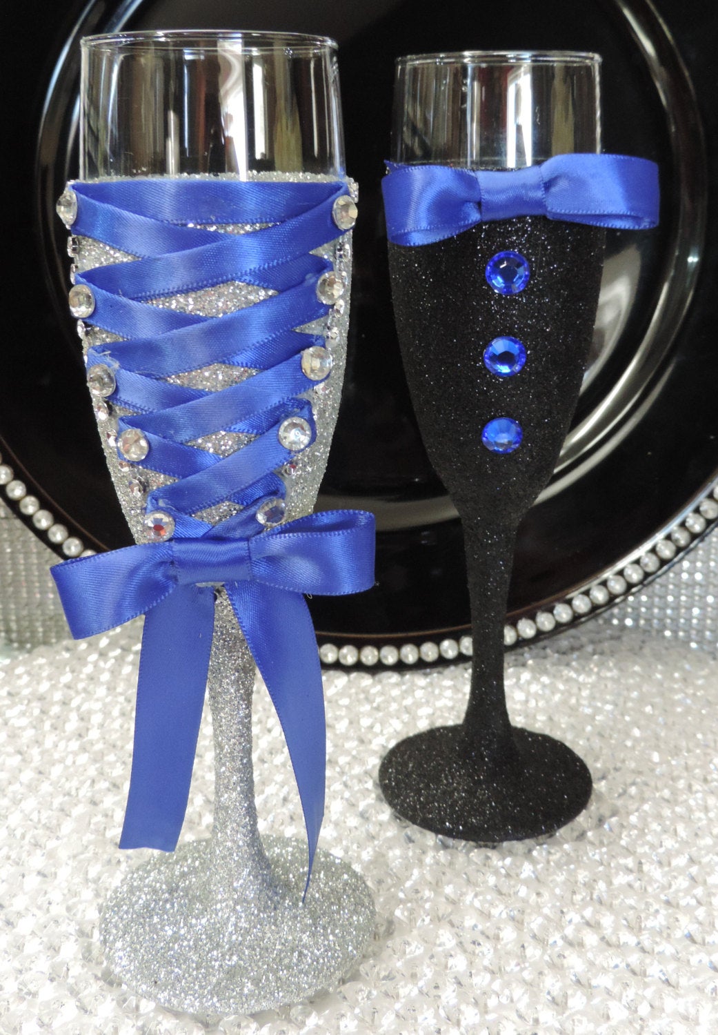 Corset Wine Glass - Silver Glitter with Royal Blue Lace Up