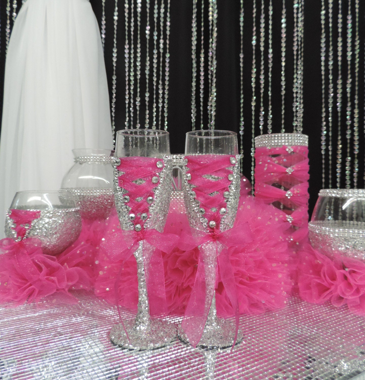 Fuchsia Tulle Corset Cylinder Vase - Wedding Centerpiece
