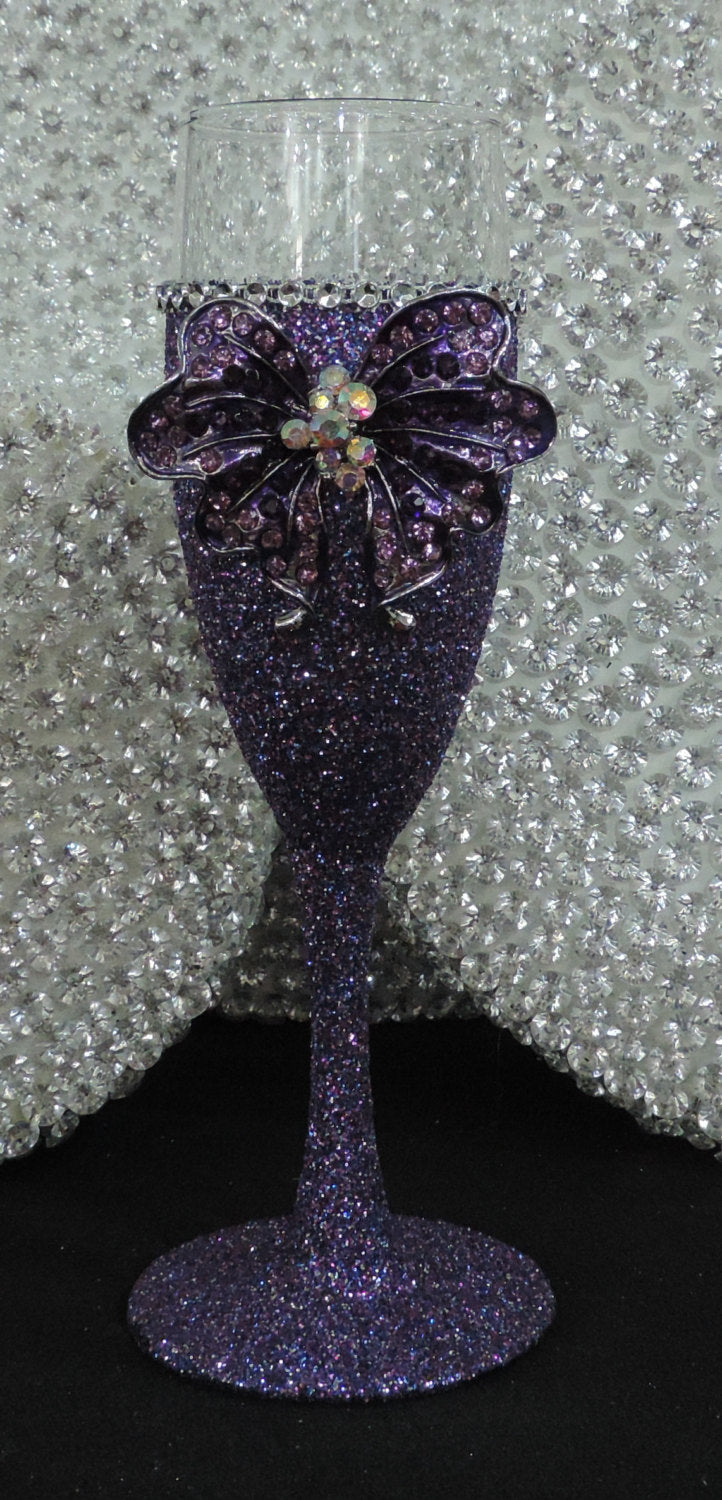 Purple Multi Glitter Wine Flute with Rhinestone Butterfly