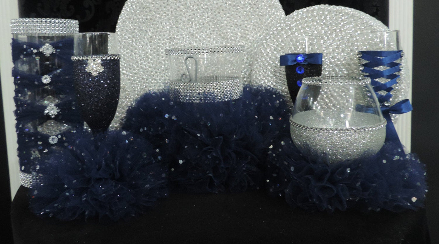 Corset Wine Flute Glass - Silver Glitter with Navy Lace up