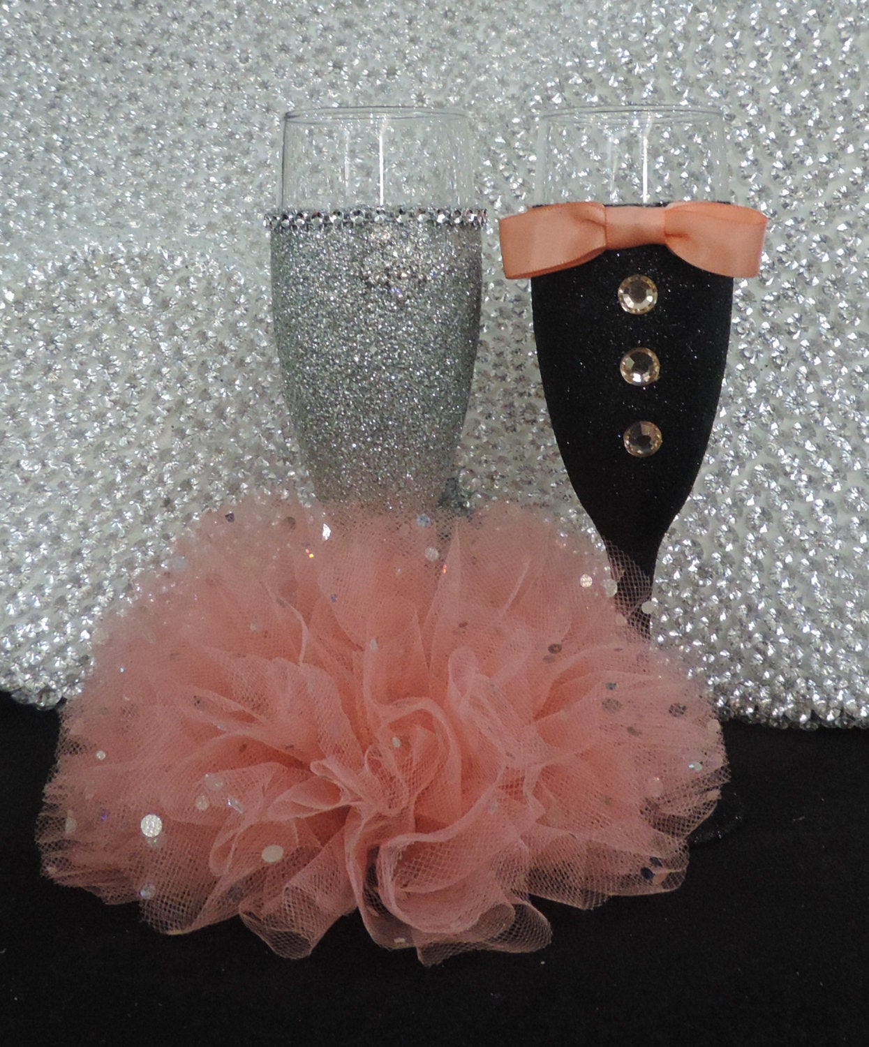 Black Glitter Tuxedo Wine Glass with Peach Bow Tie