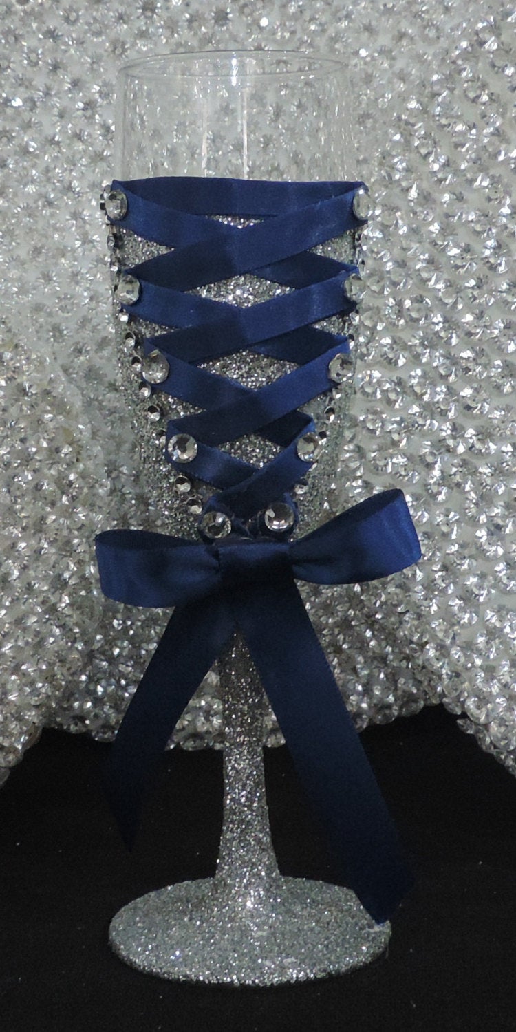Corset Wine Flute Glass - Silver Glitter with Navy Lace up
