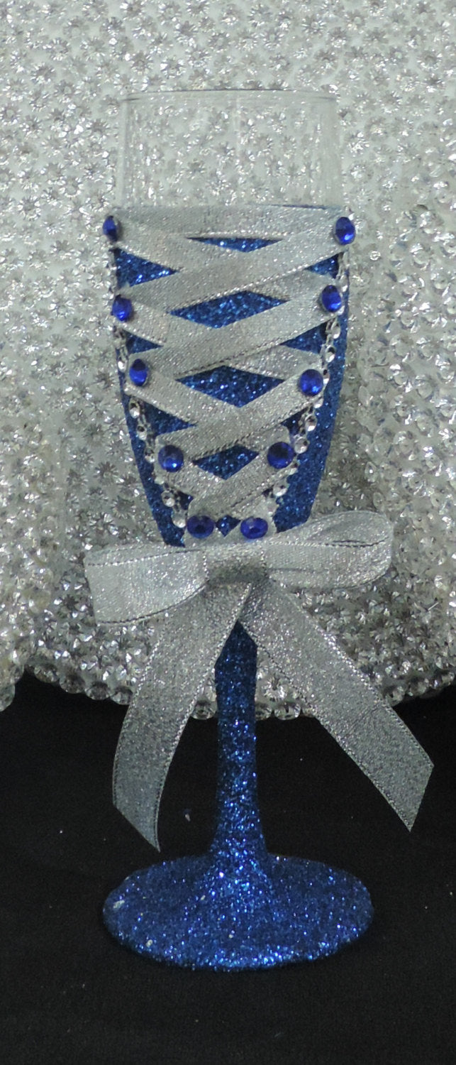 Corset Wine/Champagne Flute Glass - Royal Blue Glitter with Silver Lace up