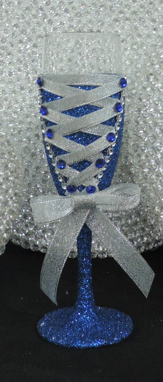 Corset Wine/Champagne Flute Glass - Royal Blue Glitter with Silver Lace up