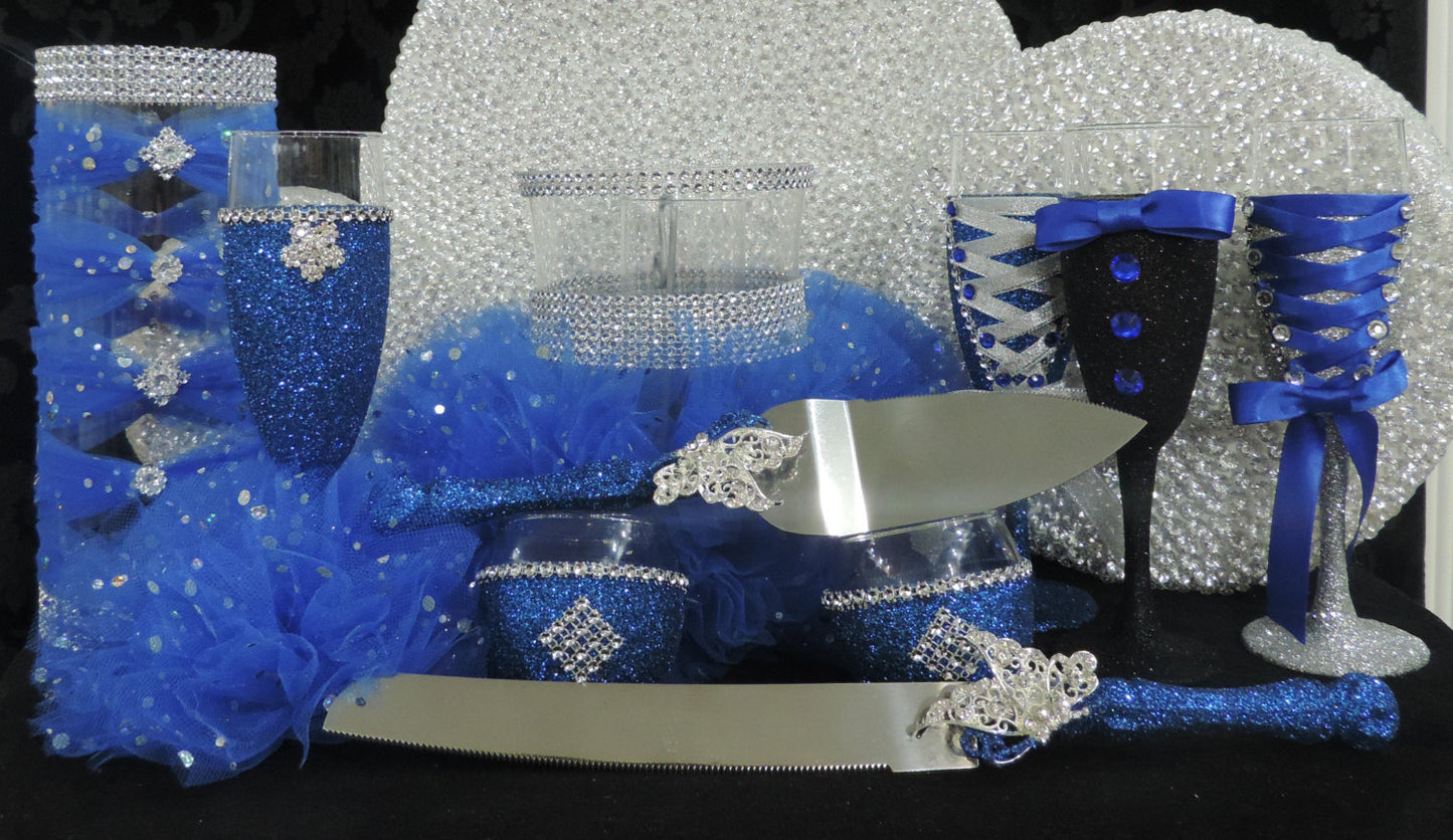 Cake Server Set - Royal Blue Glitter with Silver Butterfies