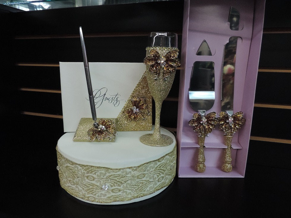 Gold Glitter/Butterfly Wedding Set - Guestbook, Pen, Knife & Server Set