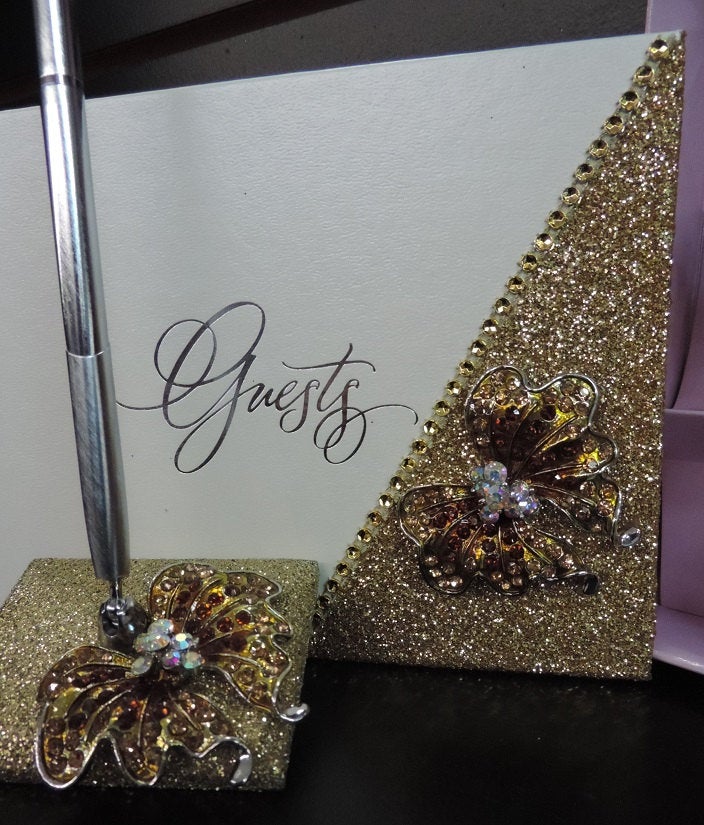 Gold Glitter/Butterfly Wedding Set - Guestbook, Pen, Knife & Server Set