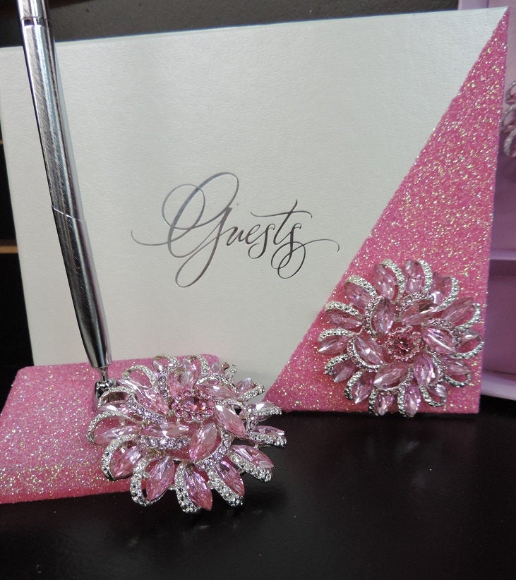 Light Pink Glitter Three Piece Brooch Wedding Set - Guestbook, Pen, Knife & Server Set