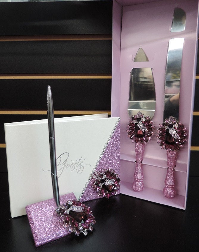 Rose Pink Glitter Three Piece Wedding Set - Guestbook, Pen, Knife & Server Set