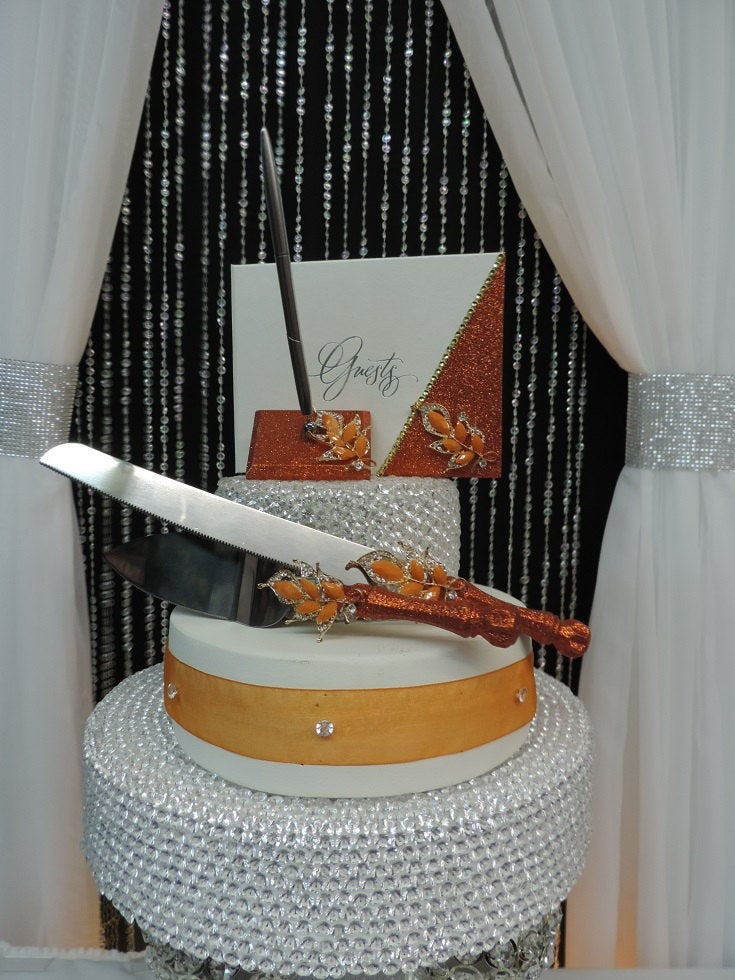 Burnt Orange Glitter Three Piece Wedding Set - Guestbook, Pen, Knife & Server Set