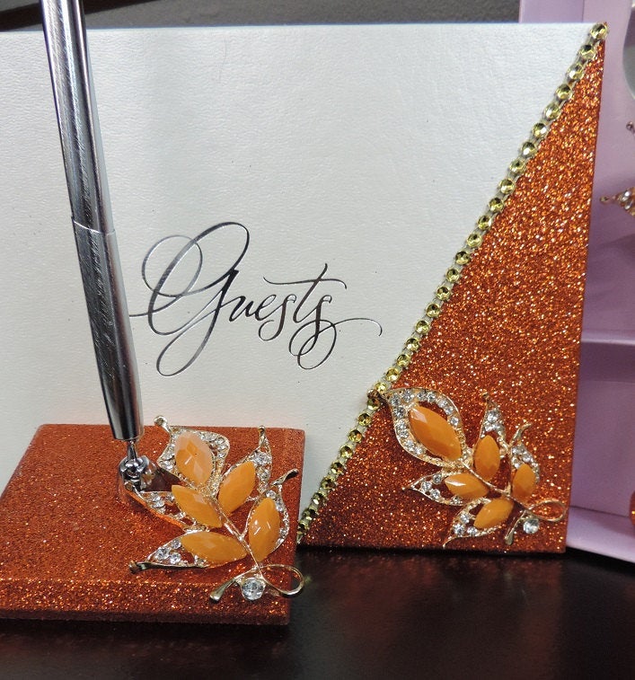 Burnt Orange Glitter Three Piece Wedding Set - Guestbook, Pen, Knife & Server Set