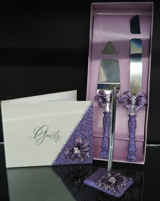 Purple Multi Glitter Butterfly Three Piece Wedding Set - Guestbook, Pen, Knife & Server Set