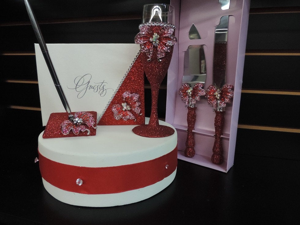 Red Glitter/Butterfly Three Piece Wedding Set - Guestbook, Pen, Knife & Server Set