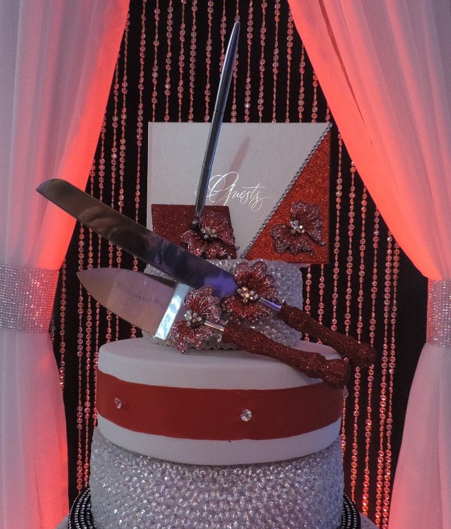 Red Glitter/Butterfly Three Piece Wedding Set - Guestbook, Pen, Knife & Server Set