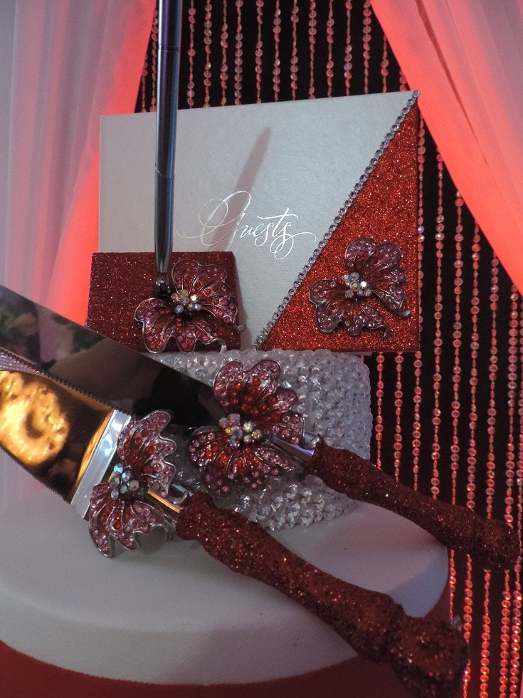 Red Glitter/Butterfly Three Piece Wedding Set - Guestbook, Pen, Knife & Server Set