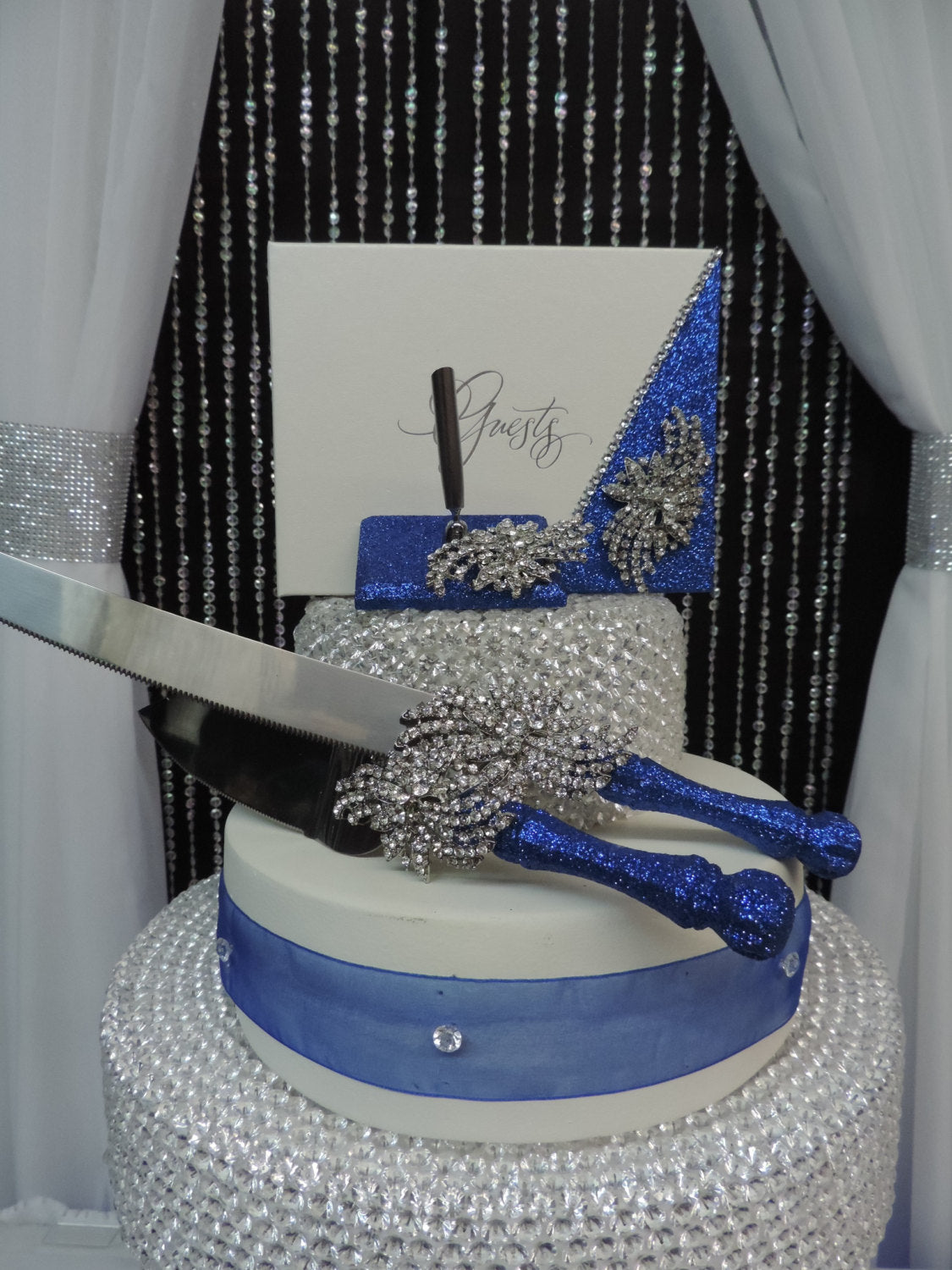 Royal Blue Glitter Three Piece Wedding Set - Guestbook, Pen, Knife & Server Set