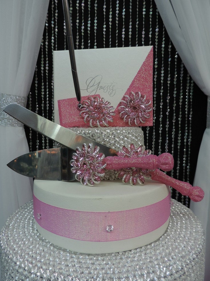 Light Pink Glitter Three Piece Brooch Wedding Set - Guestbook, Pen, Knife & Server Set